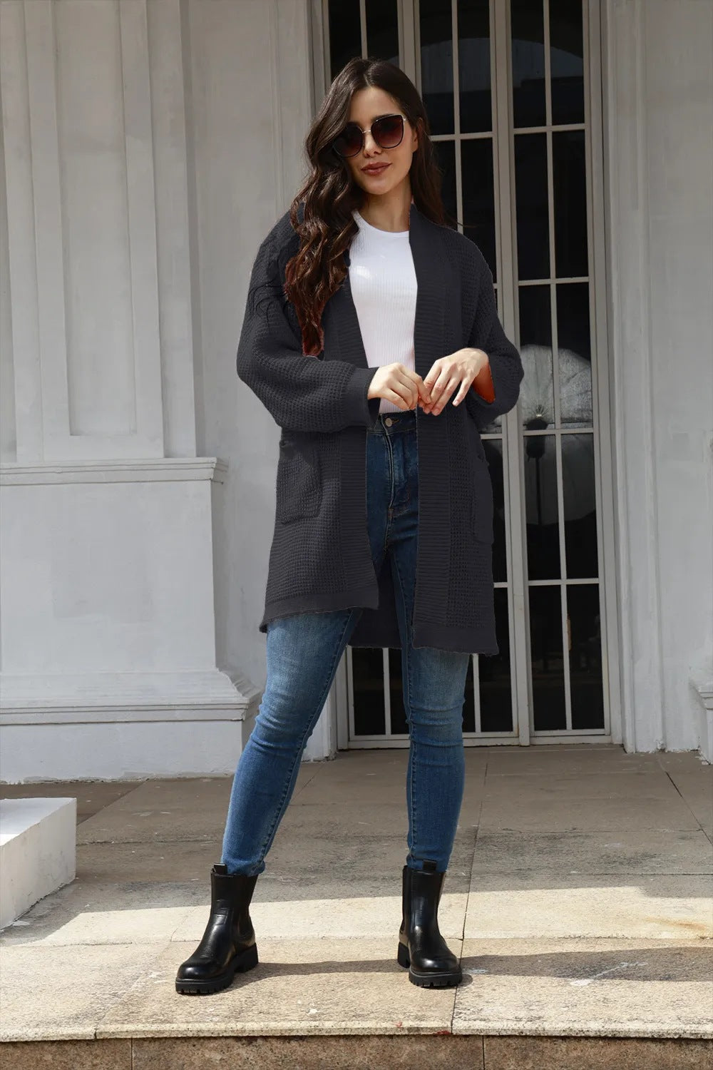 Damen lässiger Strickmantel mit offenen Vorderteilen und tiefen Taschen Drune