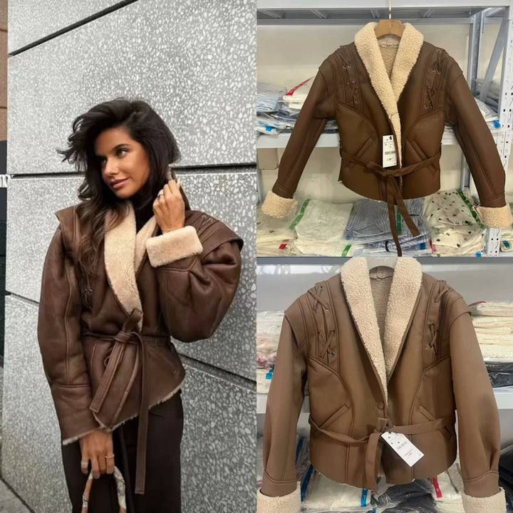 Damen nan taillierte Kunstlederjacke mit Sherpa-Futter, Wickelgürtel und seitlichen Schnürdetails Drune