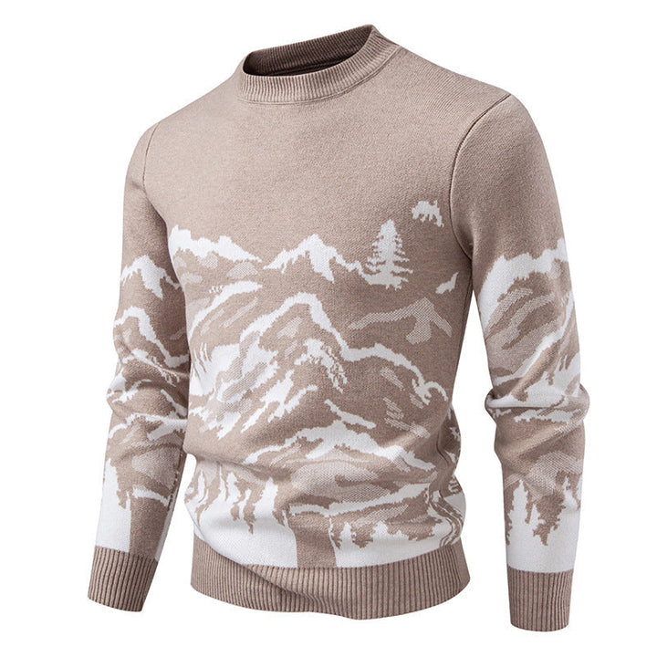 Herren Strickpullover mit Bergmotiv und hohem Kragen Drune