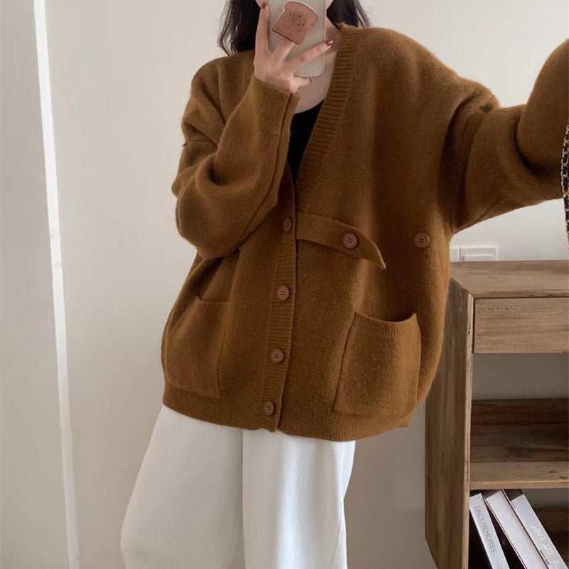 Damen Oversized Strickjacke mit großen Taschen und Knopfdetails Drune