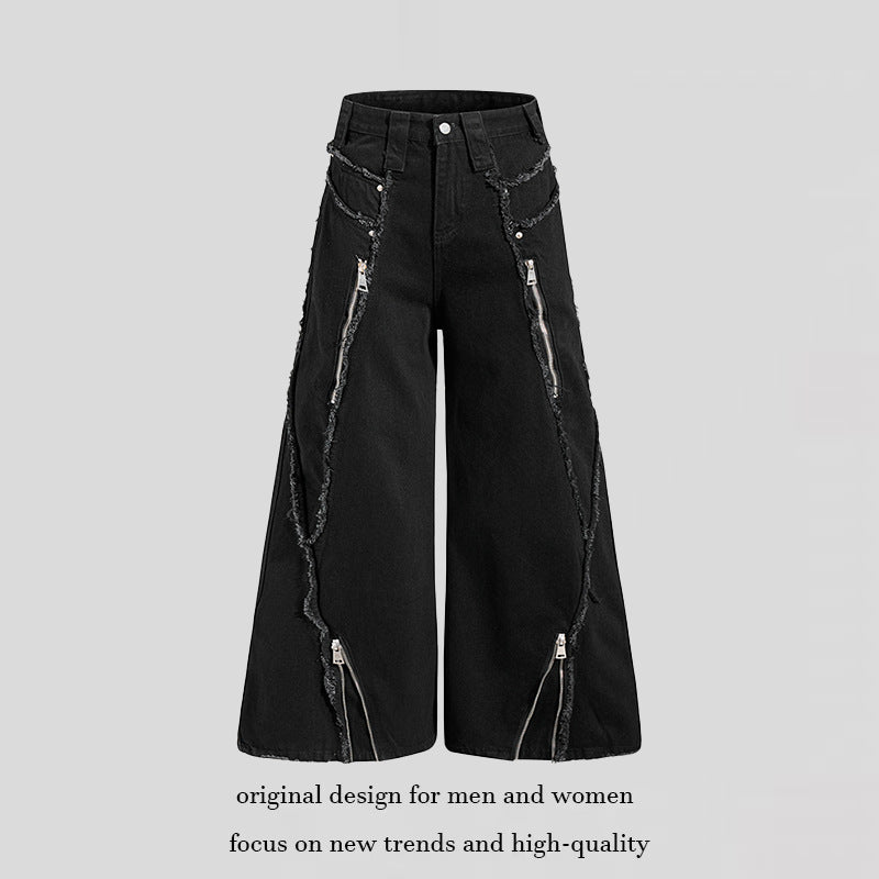 Damen weite Denim-Culotte mit Fransen-Details und Zipper-Akzenten Drune