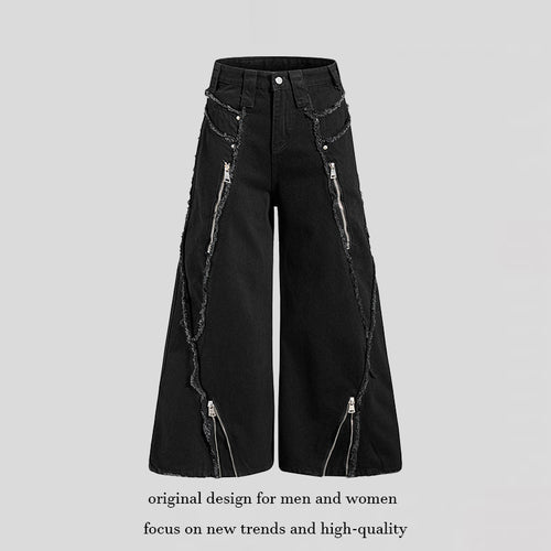 Damen weite Denim-Culotte mit Fransen-Details und Zipper-Akzenten Drune