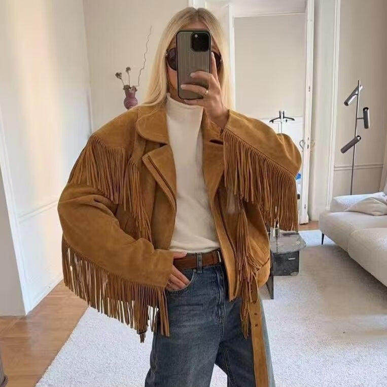 Damen Wildlederoptik Fransenjacke mit Oversized‑Schnitt, Taillengürtel und Statement‑Ärmeln Drune
