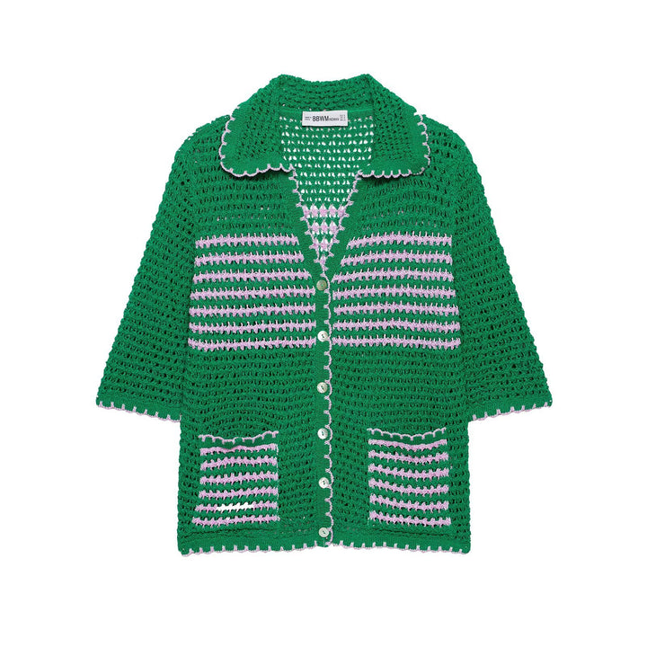 Damen Häkelstrickjacke mit kurzem Arm, Knopfleiste und Vintage-Kragen Drune