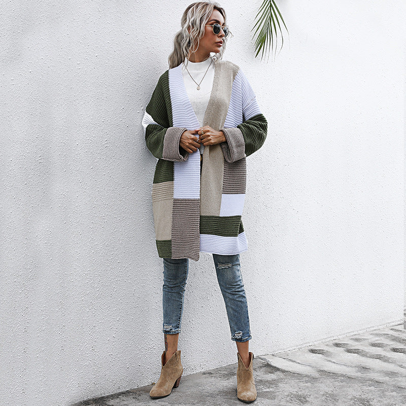Damen Oversize Strickcardigan mit Colorblock‑Patchwork und offener Front Drune