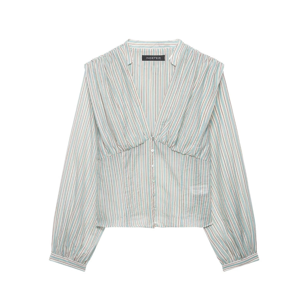 Damen Gestreifte Cropped-Bluse mit tiefem V-Ausschnitt und geraffter Unterbrustnaht Drune