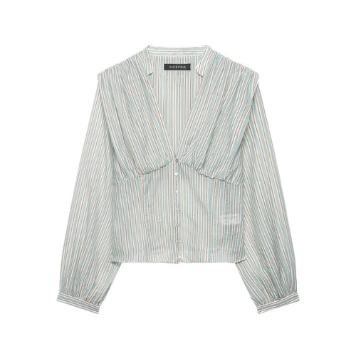 Damen Gestreifte Cropped-Bluse mit tiefem V-Ausschnitt und geraffter Unterbrustnaht Drune