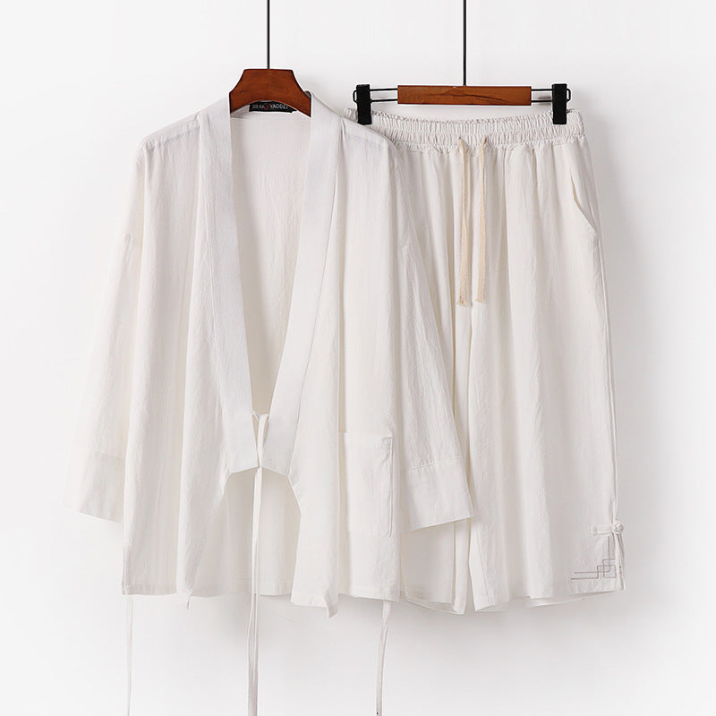 Damen Zen-Kimono-Lounge-Set aus atmungsaktivem Baumwollmix mit Bindebandjacke und weiten Culotte-Hose Drune