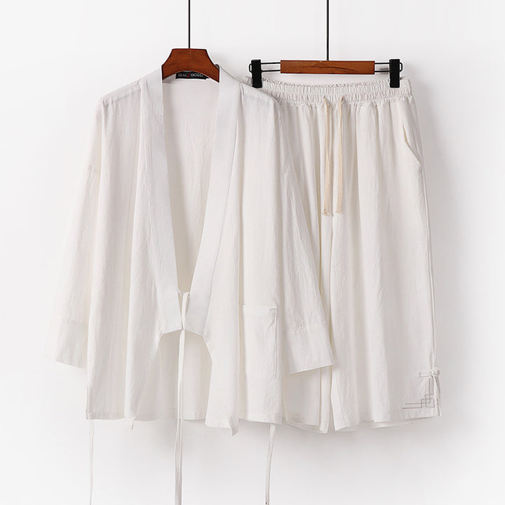 Damen Zen-Kimono-Lounge-Set aus atmungsaktivem Baumwollmix mit Bindebandjacke und weiten Culotte-Hose Drune