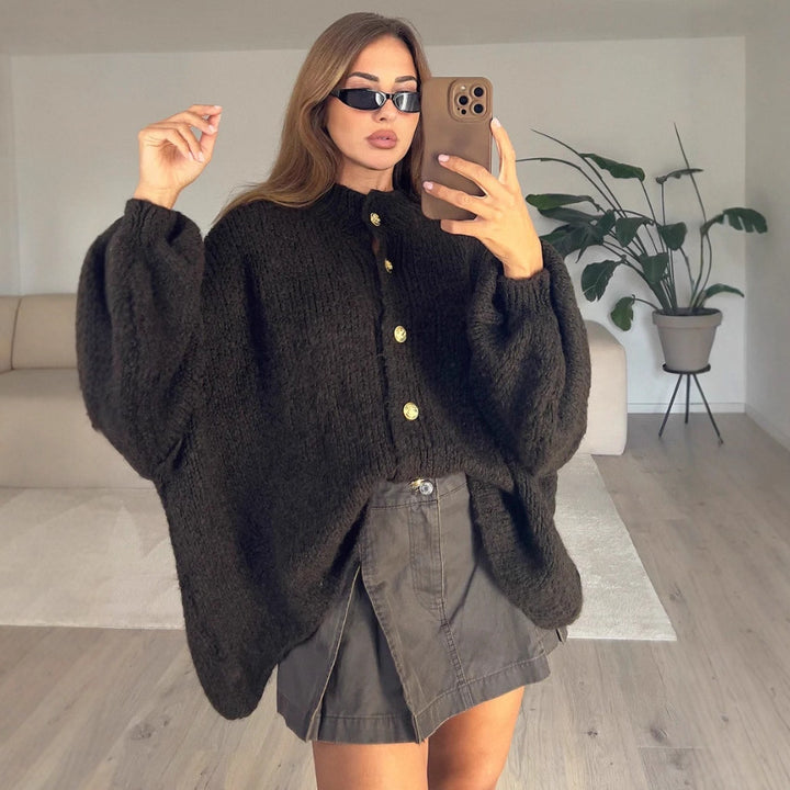 Damen Boucle Cardigan mit oversized Ärmeln und goldenen Knöpfen Drune