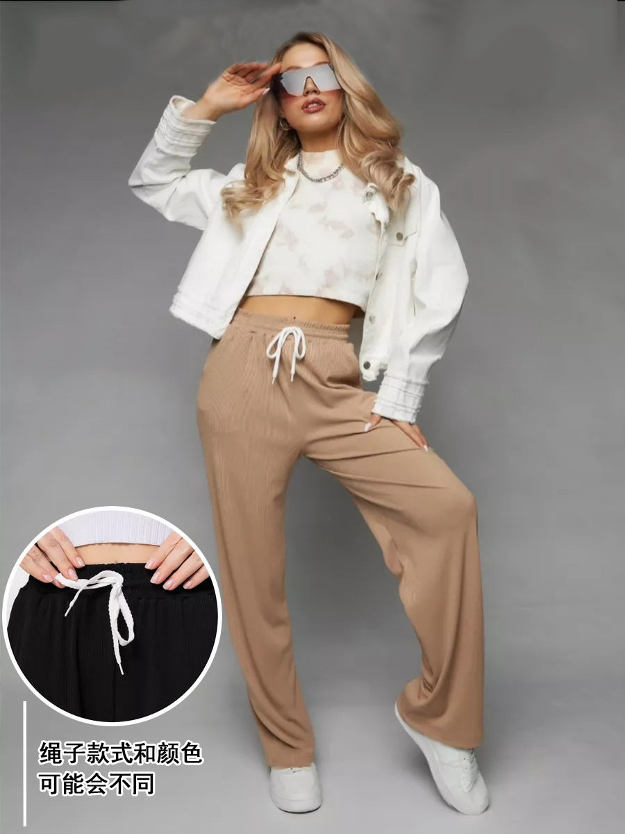 Damen weite hochgeschnittene Loungehose mit elastischem Bund und Kordelzug Drune
