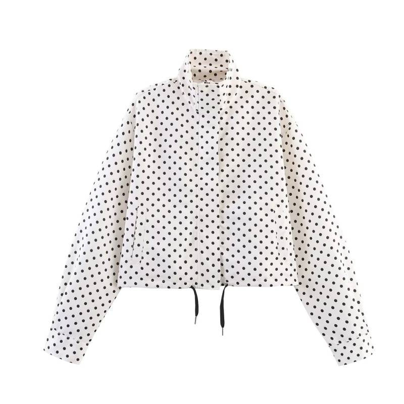 Damen Gekürzte gesteppte Jacke mit Polka‑Dot‑Print, Stehkragen und Tunnelzug Drune