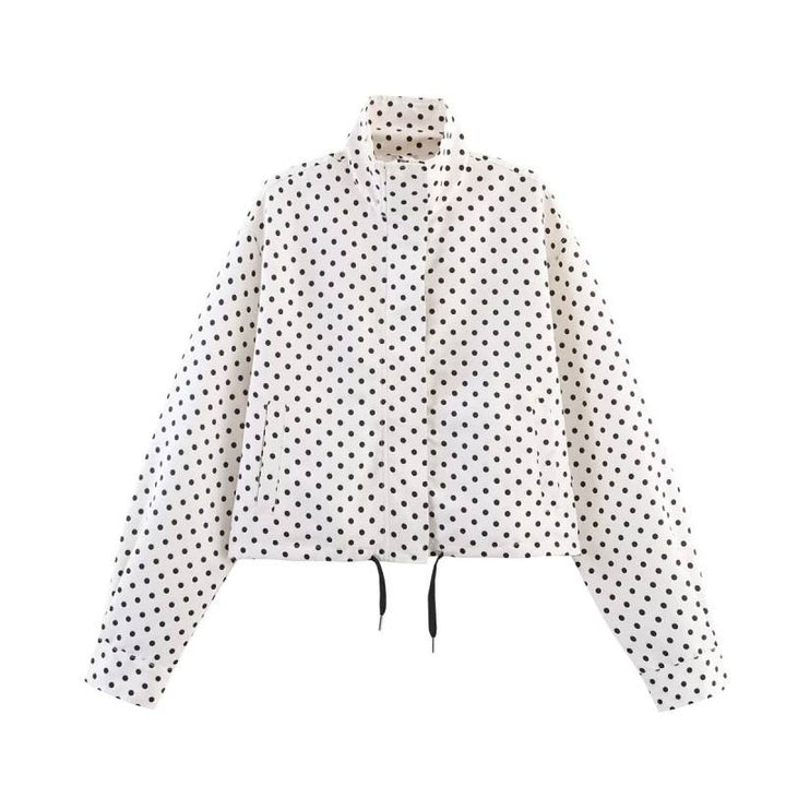 Damen Gekürzte gesteppte Jacke mit Polka‑Dot‑Print, Stehkragen und Tunnelzug Drune