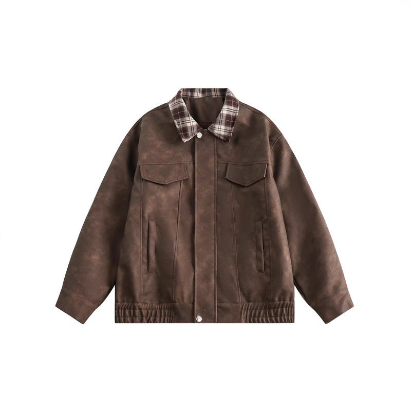 Herren Velourslederoptik Bomberjacke mit kariertem Hemdkragen, Pattentaschen und elastischem Saum Drune