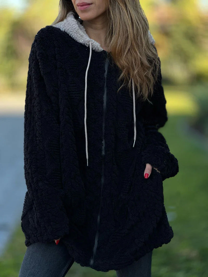 Damen nan oversized Teddy-Manteljacke mit Kontrastkapuze, Reißverschluss und Eingrifftaschen Drune