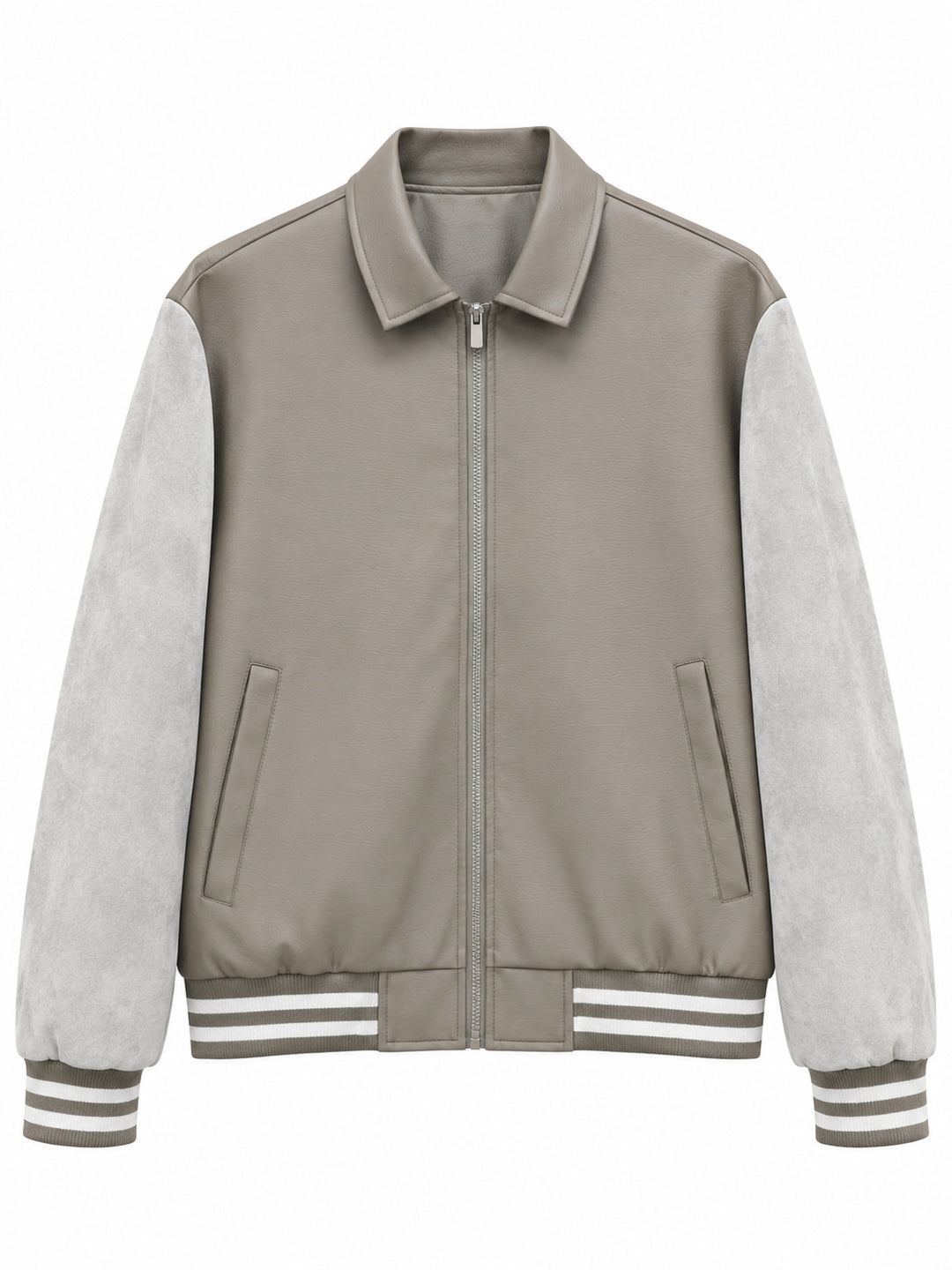 Herren Retro Letterman‑Bomber mit glattem Kunstlederkörper und Veloursärmmel-Detail Drune