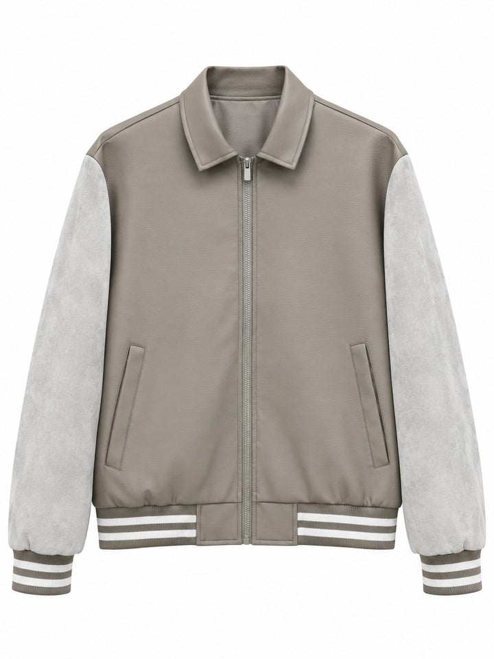 Herren Retro Letterman‑Bomber mit glattem Kunstlederkörper und Veloursärmmel-Detail Drune