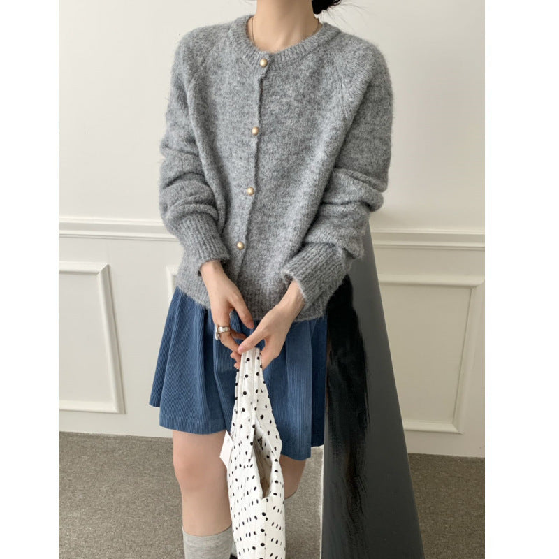 Damen Flauschiger Strickcardigan mit komfortablem Rundhalsausschnitt und echten Knöpfen Drune