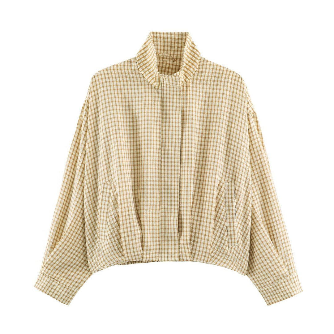 Damen Karo-Übergangsjacke im Oversize-Cropped-Schnitt mit hohem Stehkragen Drune