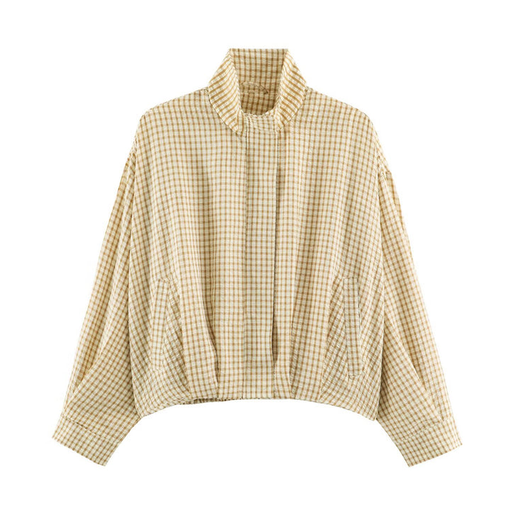 Damen Karo-Übergangsjacke im Oversize-Cropped-Schnitt mit hohem Stehkragen Drune