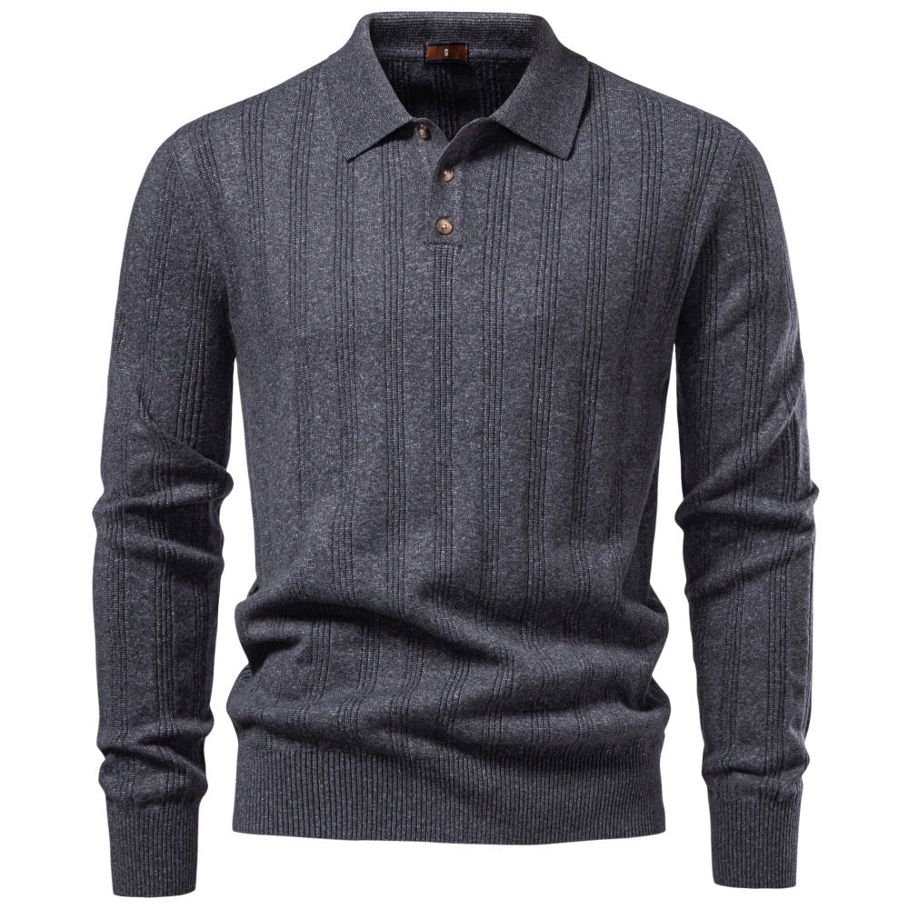 Herren Langarm-Feinstrick-Poloshirt mit Strukturstreifen und geripptem Saum Drune