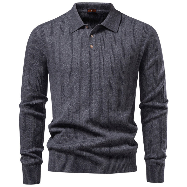Herren Langarm-Feinstrick-Poloshirt mit Strukturstreifen und geripptem Saum Drune