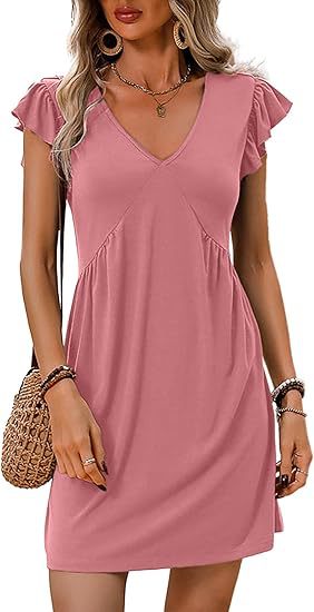 Damen V-Ausschnitt Sommerkleid mit Rüschenelementen Drune