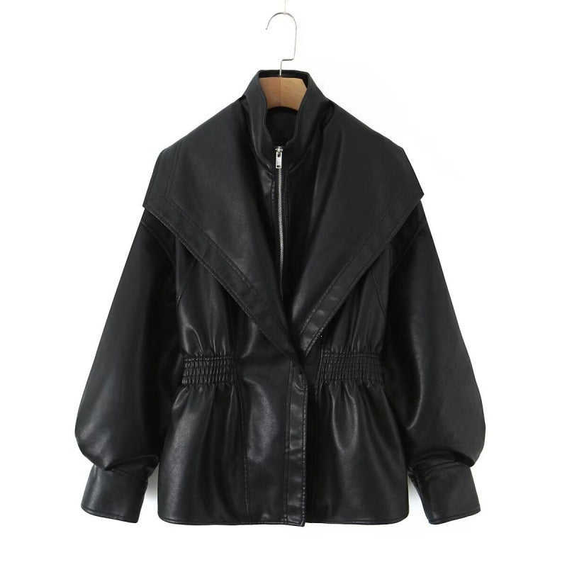 Damen Kunstlederjacke mit weitem Schalkragen und gerafftem Taillenbund Drune