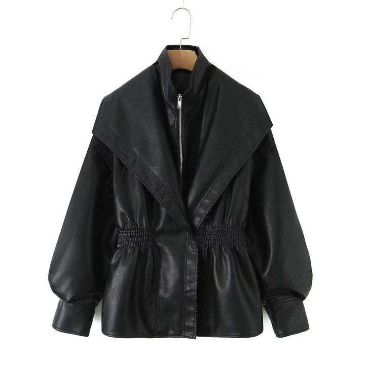 Damen Kunstlederjacke mit weitem Schalkragen und gerafftem Taillenbund Drune