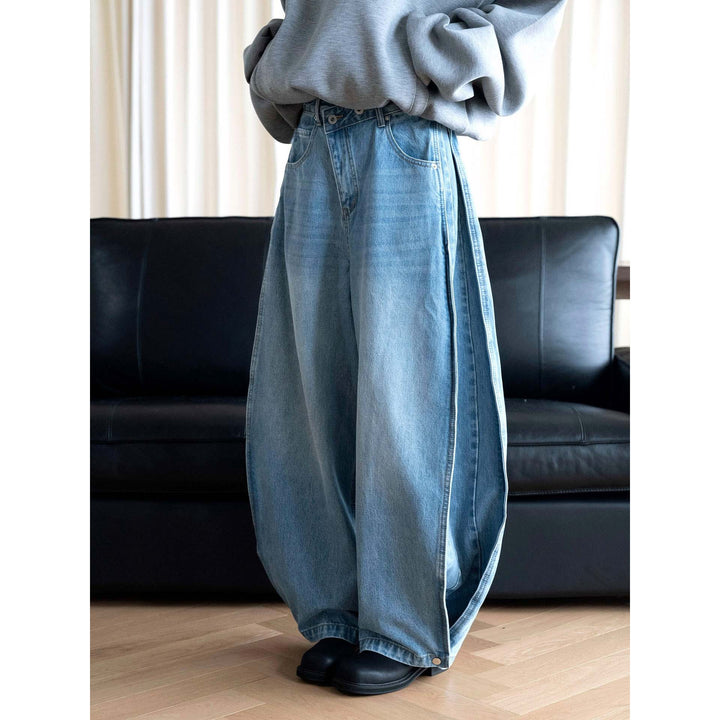 Damen Weite Jeanshose mit hohem Bund, tiefem Schritt und weitem Bein Drune