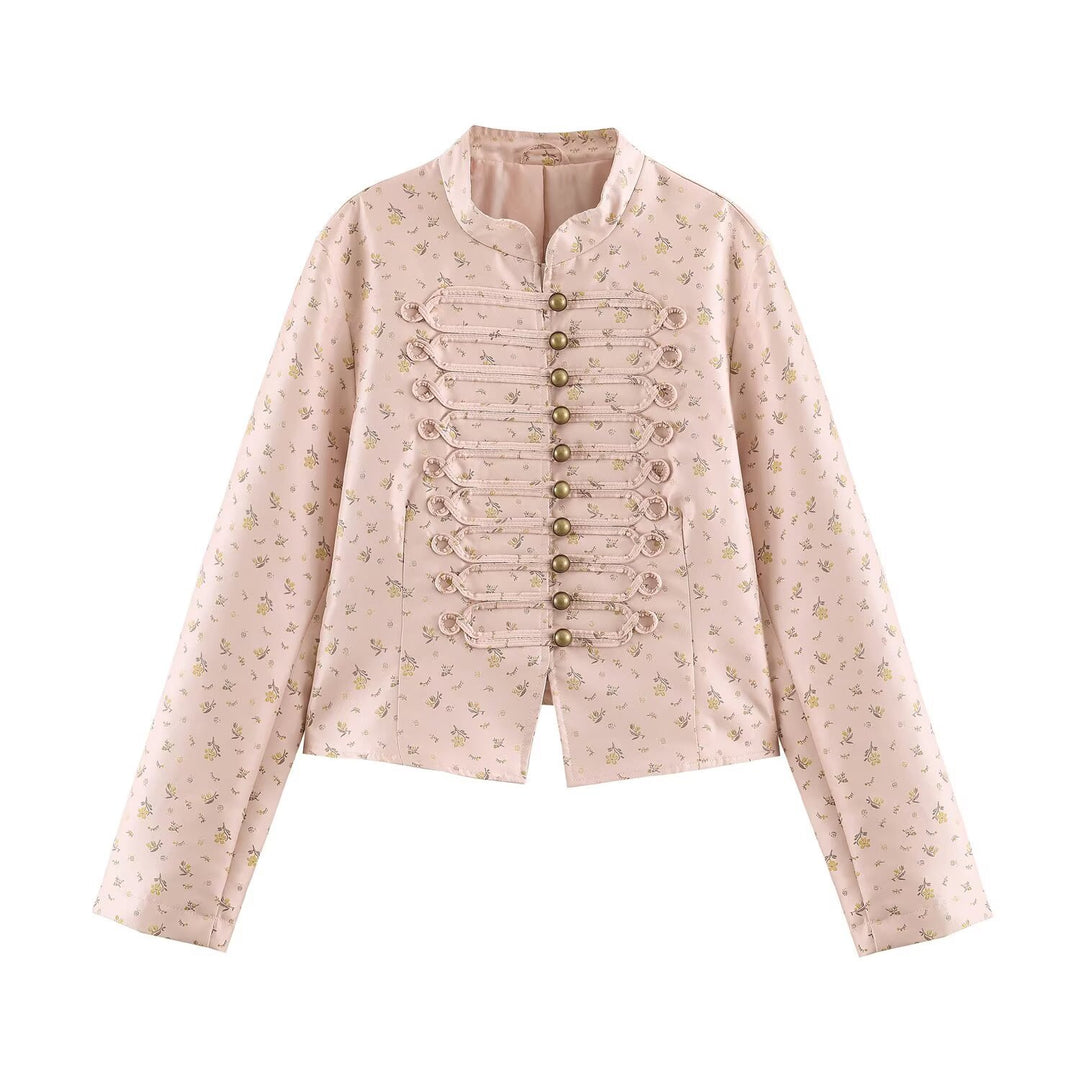 Damen Kurzblouson im romantischen Militärstil mit Blumenjacquard und dekorativen Kordelschließen Drune
