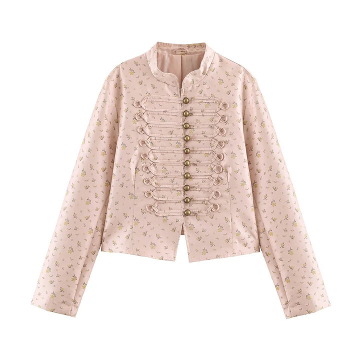 Damen Kurzblouson im romantischen Militärstil mit Blumenjacquard und dekorativen Kordelschließen Drune