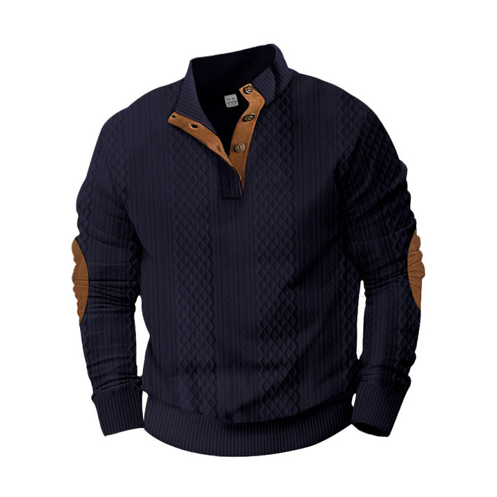 Herren nan texturierter Halbzip-Pullover im Troyer-Stil mit Kontrastbesatz und Leder-Ellbogenpatches Drune