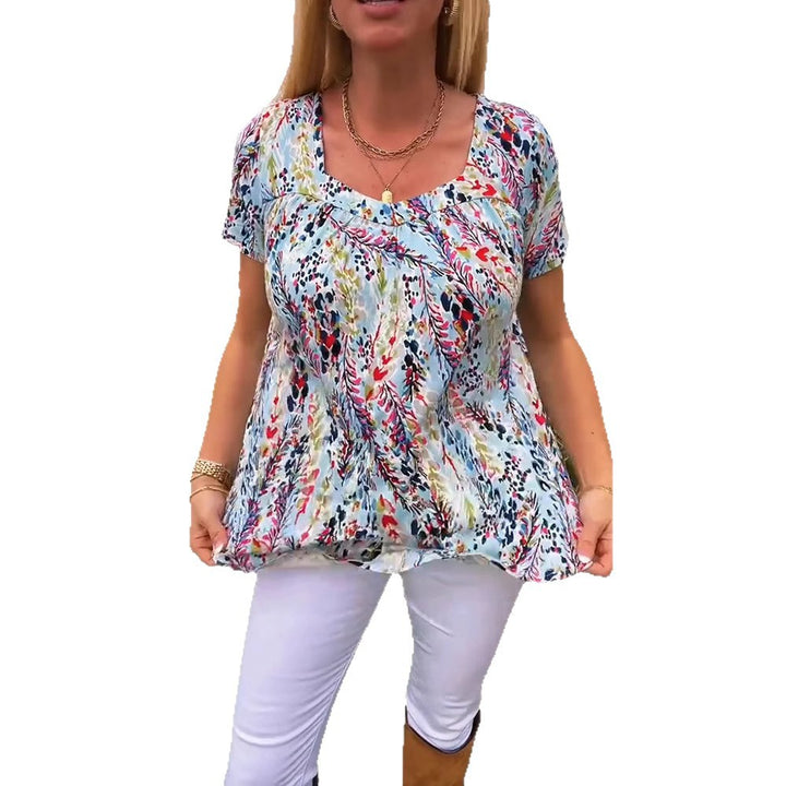 Damen nan leichtes florales Rundhals-Printshirt mit Brustfalten und legerer Hüftlänge Drune