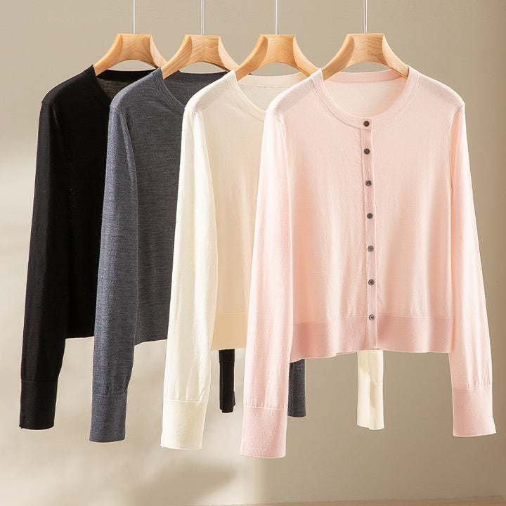 Damen Kurzgeschnittene Feinstrick-Cardigan mit Rundhalsausschnitt und tonaler Knopfleiste Drune