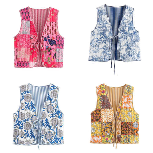 Damen Patchwork-Weste mit V-Ausschnitt, Bindeband und gestreiftem Innenfutter Drune