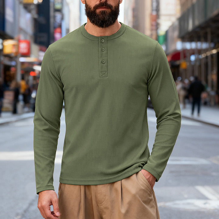 Herren nan Thermo-Henley-Langarmshirt mit Waffelstruktur, Rundhalsausschnitt und Knopfleiste Drune