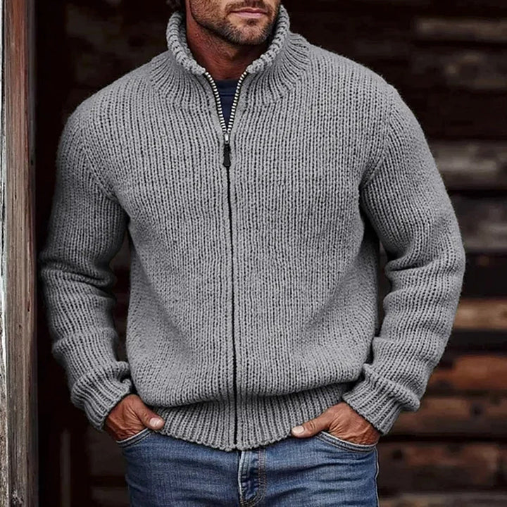 Herren Grobstrick-Cardigan mit Stehkragen und durchgehendem Reißverschluss Drune