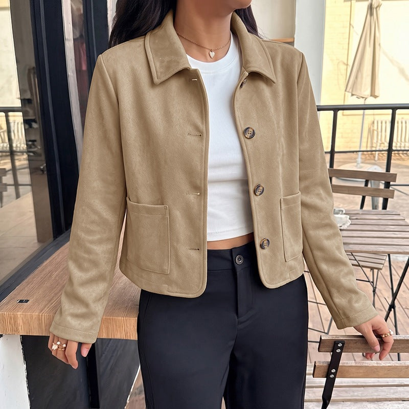 Damen Kurzjacke aus Wildleder‑Optik mit Hemdkragen und aufgesetzten Taschen Drune