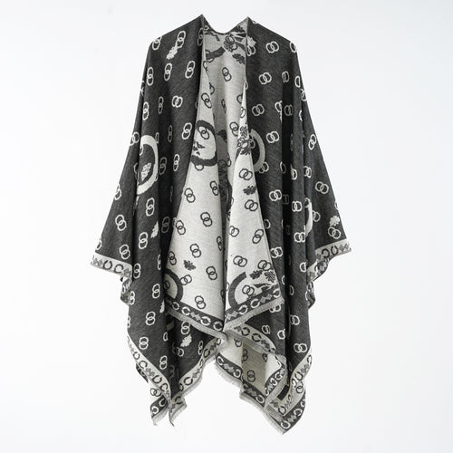 Damen Wendbarer Jacquard-Überwurf mit Fransen und großzügiger Wrap-Silhouette Drune
