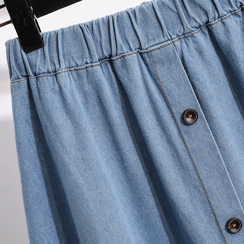 Damen Langer Denim-Rock mit dekorativen Druckknöpfen Drune