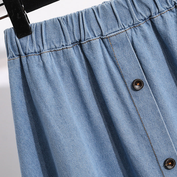 Damen Langer Denim-Rock mit dekorativen Druckknöpfen Drune
