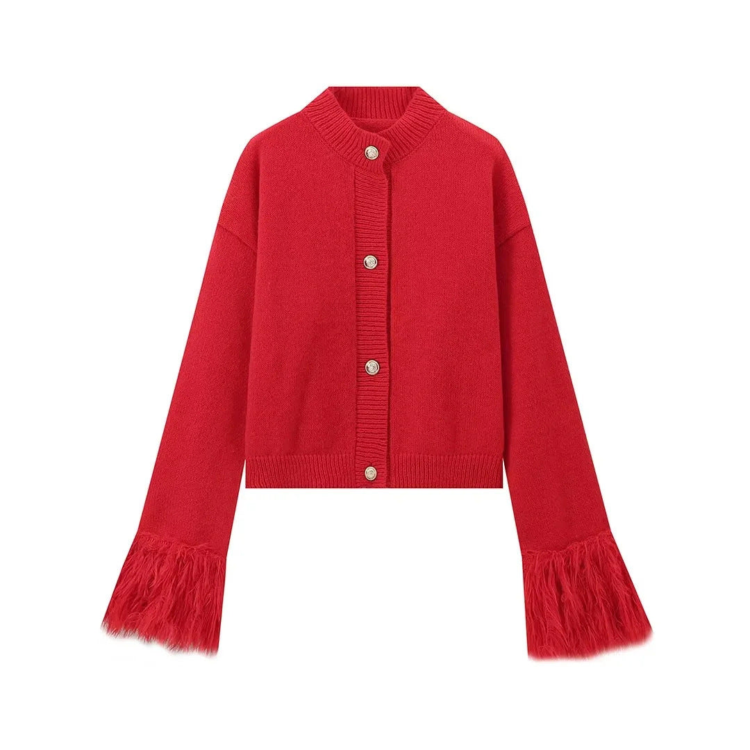 Damen 300+ Cropped Strickjacke mit Fransenärmeln und Perlenknopfleiste Drune