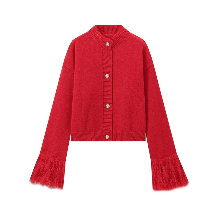 Damen 300+ Cropped Strickjacke mit Fransenärmeln und Perlenknopfleiste Drune