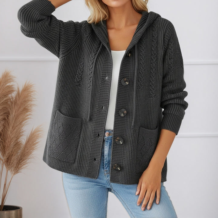 Damen nan gerippter Kapuzen-Strickcardigan mit Zopfmuster, großen Holzknöpfen und aufgesetzten Taschen Drune