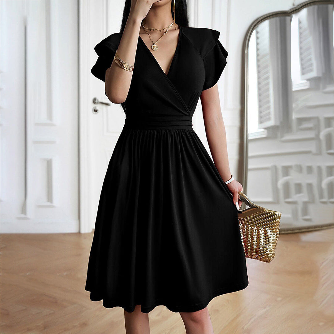 Drune | V-neck Solid Color Short Sleeve Dress for Women