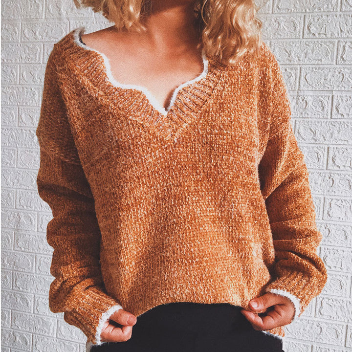 Damen lässiger Strickpullover mit V-Ausschnitt und strukturiertem Gewebe Drune