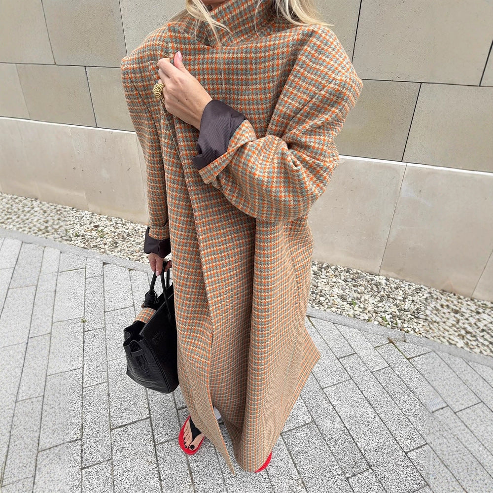 Damen Oversize Wollmantel mit Hahnentritt-Muster und Taillengürtel Drune