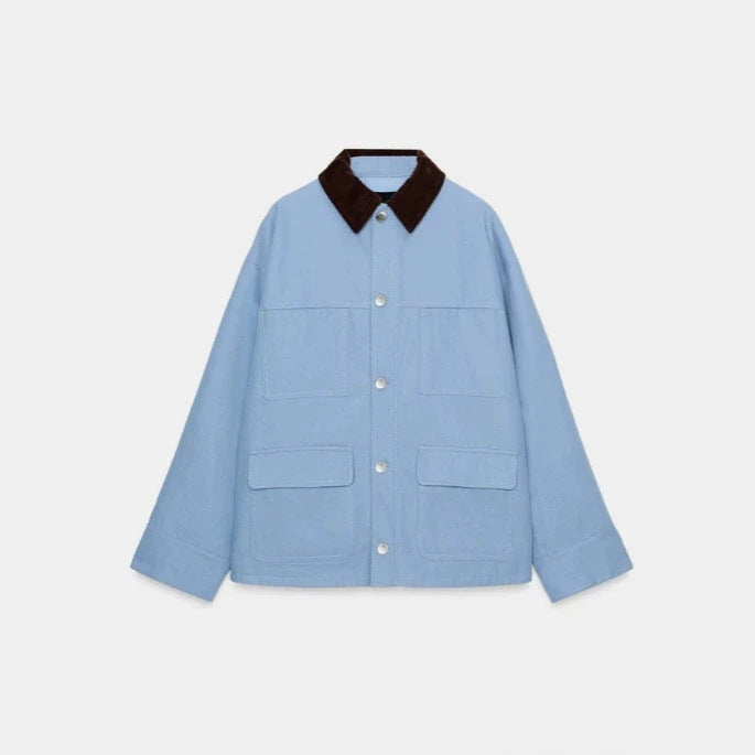Damen kurze Chore-Jacke aus Canvas mit Cordkragen und vier aufgesetzten Taschen Drune