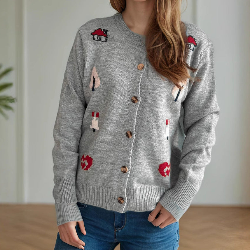 Damen Strickjacke mit bunten Applikationen und Knopfverschluss Drune